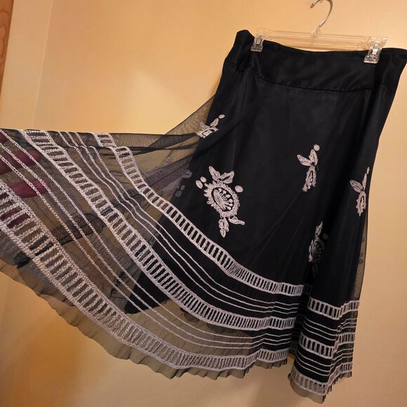 Nygard Collection Flared Navy Blue w/ White Embroidery Flowers w/ Sheer Overlay - Picture 3 of 6